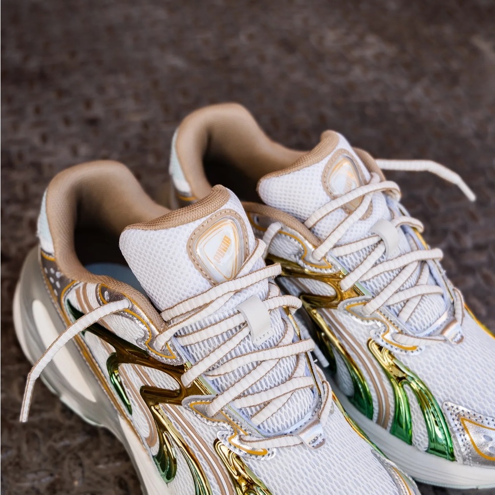 Women's White and Gold Sneakers with Green Accents